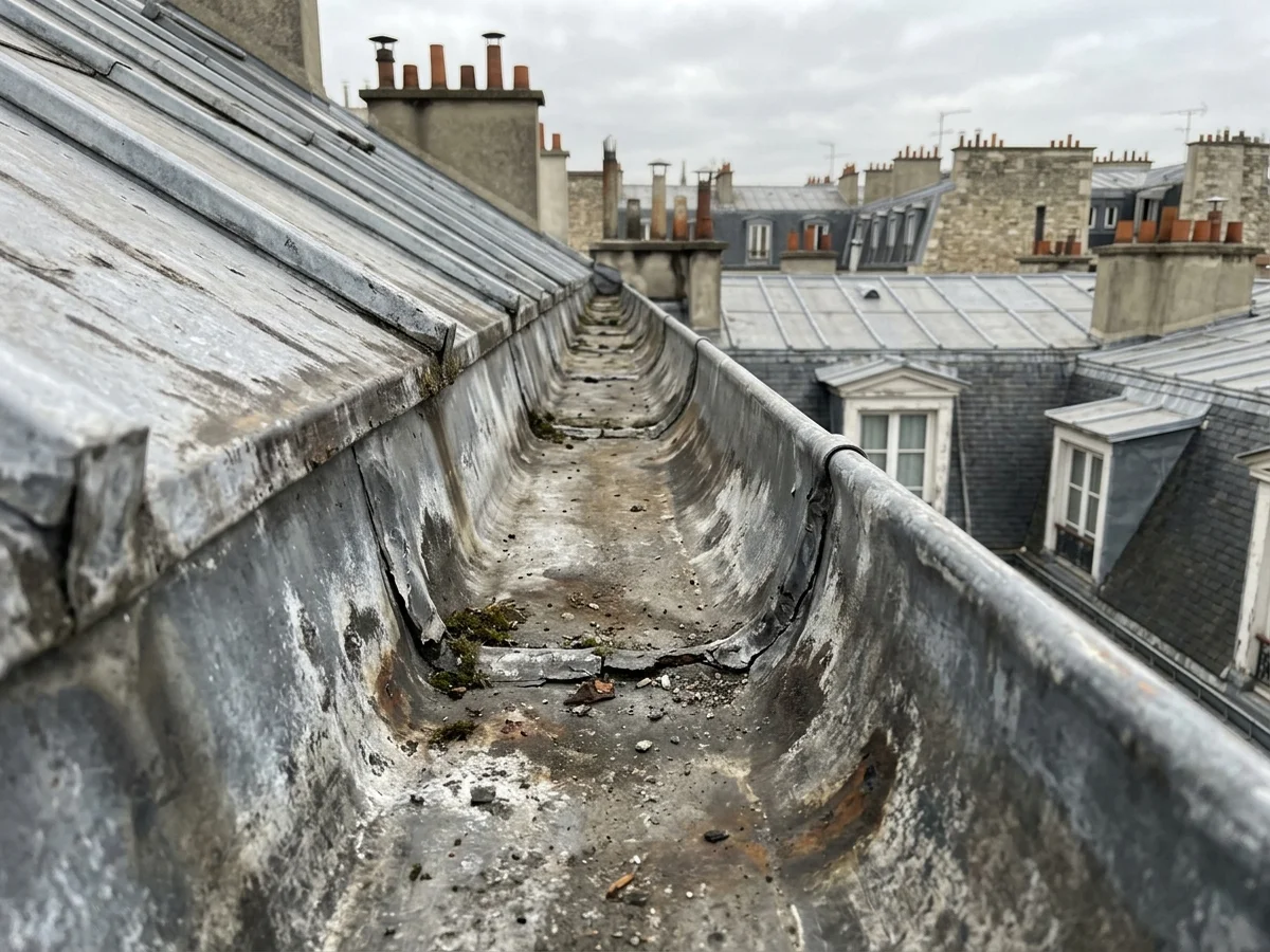 Avant réfection chéneau zinc oxydé et fissuré
